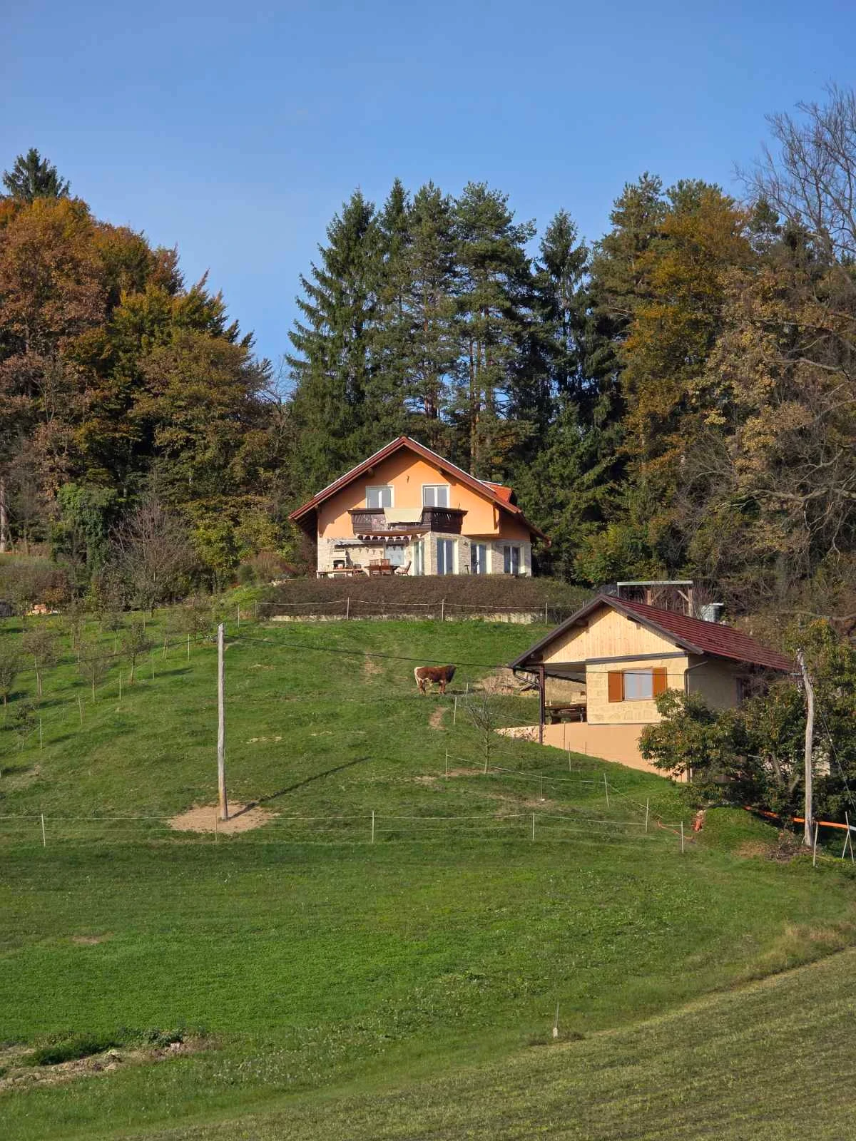 Hiša kmetije Brbonov grič na griču v Založah jeseni