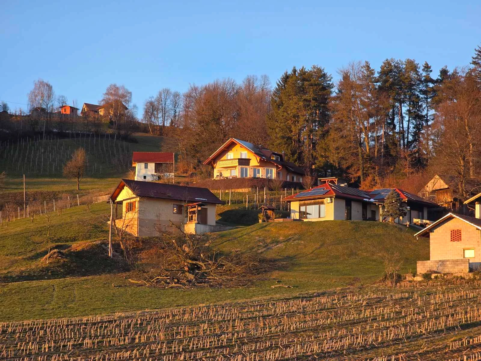 Kmetija in sosednje hiše v večernem soncu
